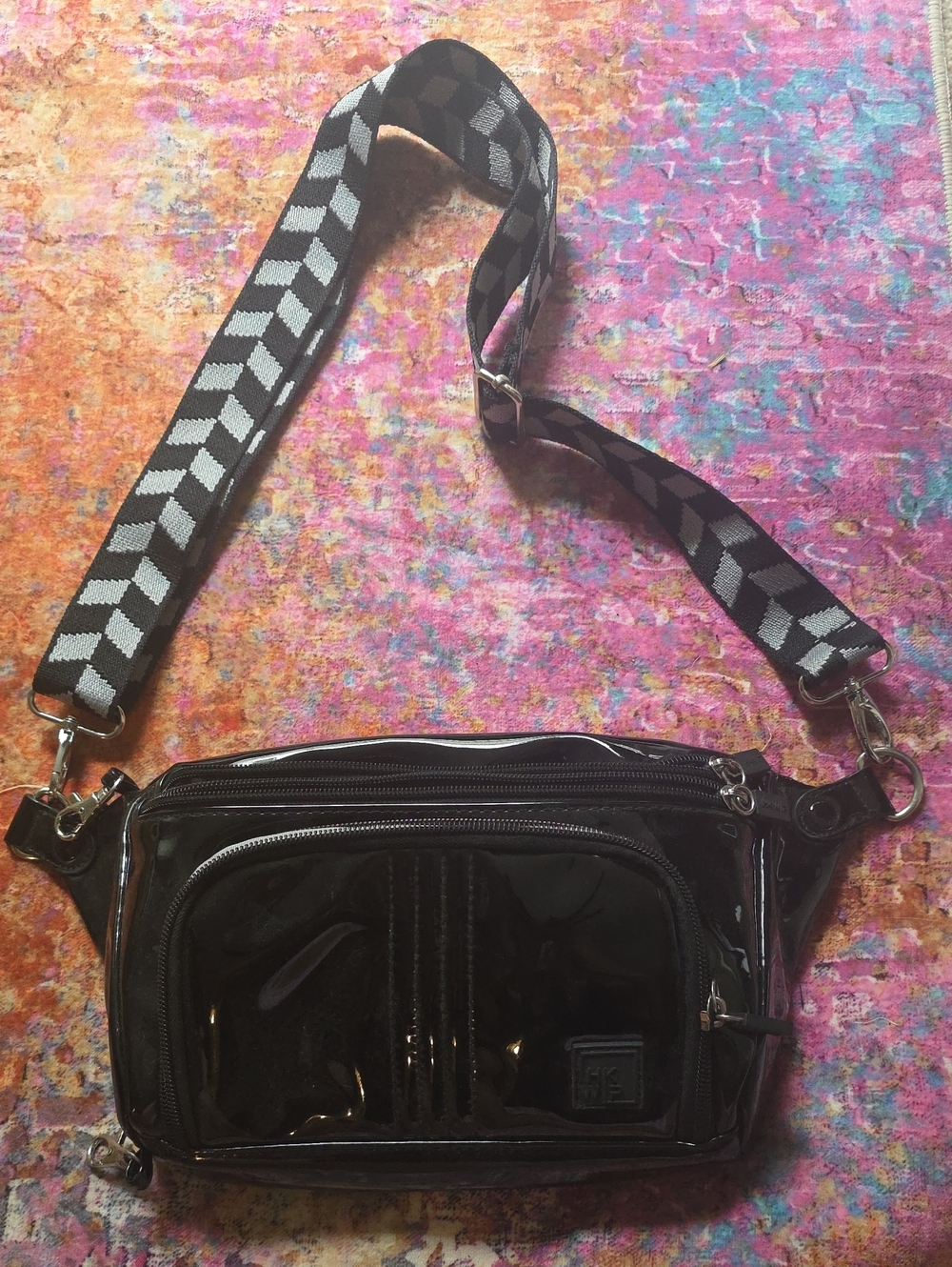 Black Patent Crossbody Bag with Patterned Strap